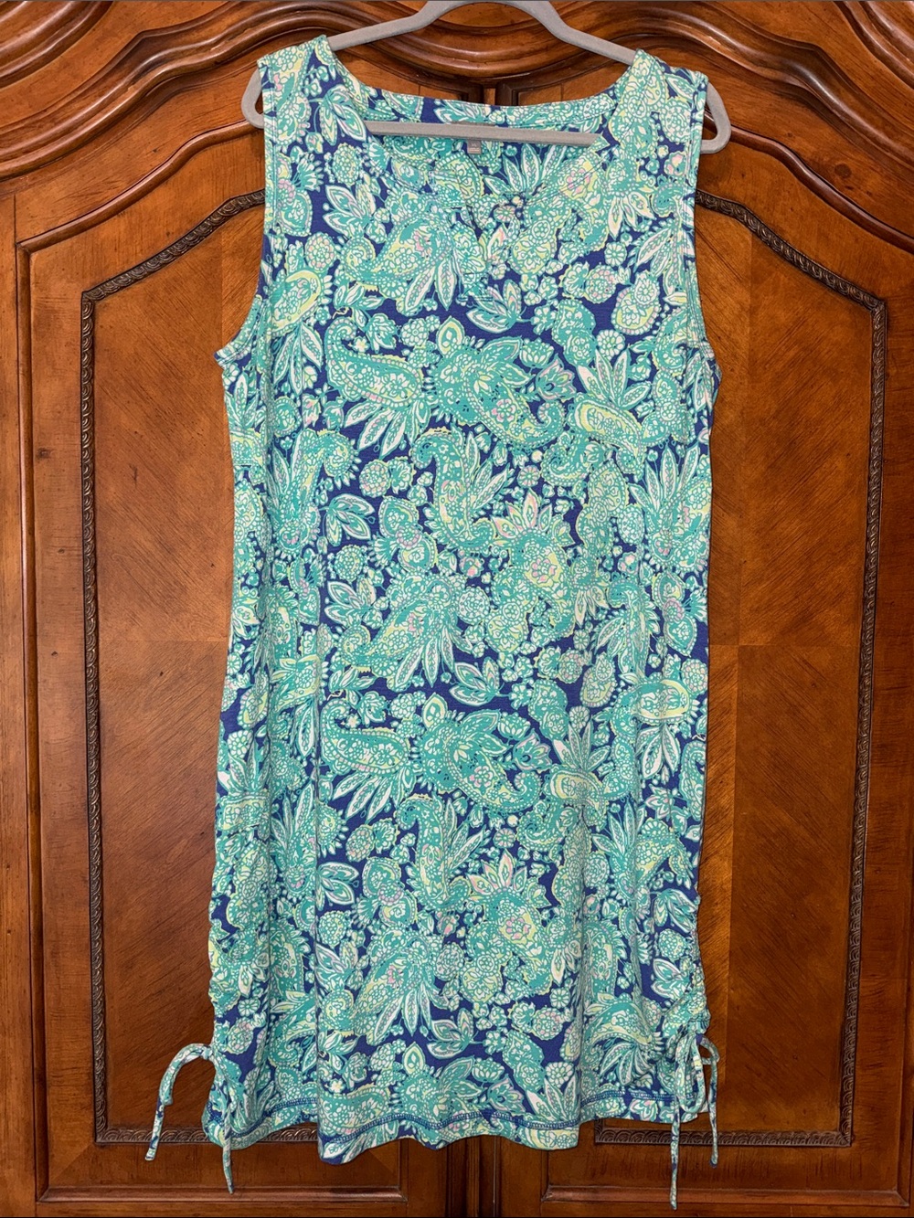 Talbots Navy and Teal Paisley Sleeveless Shift with Side Ties